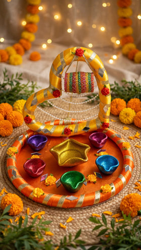 Heart bangle frame decorated mehndi tray with diyas