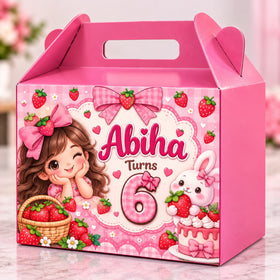 Strawberry theme customized birthday goodie box with name and age personalization - Belinda Store Pakistan