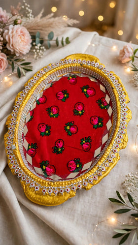 Red oval floral mehndi tray with golden mirror border