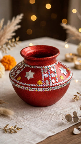 Red decorated matka with mirror and kundan work for mehndi