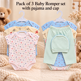 Pack of 3 baby romper set with pajama and cap
