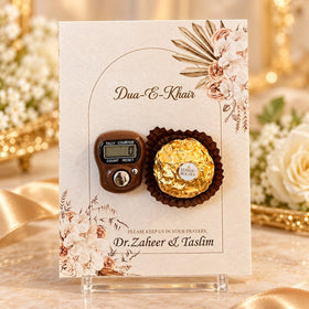 Dua-e-Khair card with tasbeeh counter and golden chocolate