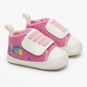 Hot Pink Ocean Print Velcro Baby Shoes close-up view – soft sole baby shoes – Belinda Store