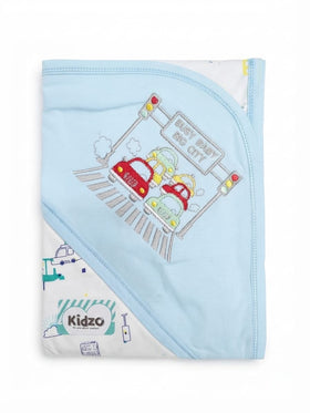 Kidzo hooded baby wrapping sheet blue car embroidery