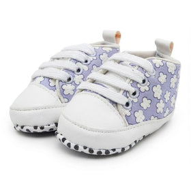 Lilac Flower Print Lace-Up Baby Shoes close-up view – soft sole baby shoes – Belinda Store