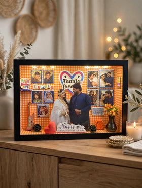 Personalized LED miniature box Family design - orange gingham shadow box with family photos