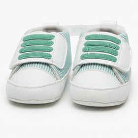 Mint Green Striped Velcro Baby Shoes close-up view – soft sole baby shoes – Belinda Store