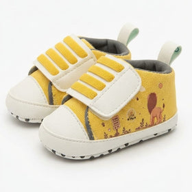 Mustard Jungle Print Velcro Baby Shoes close-up view – soft sole baby shoes – Belinda Store