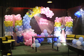Pastel Rainbow Birthday Decoration – Neon Happy Birthday Backdrop with Pink, Yellow & Blue Balloon Arch