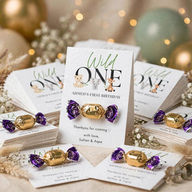 Personalized Wild One first birthday thank you cards with wrapped chocolate