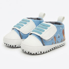 Sky Blue Safari Print Velcro Baby Shoes close-up view – soft sole baby shoes – Belinda Store