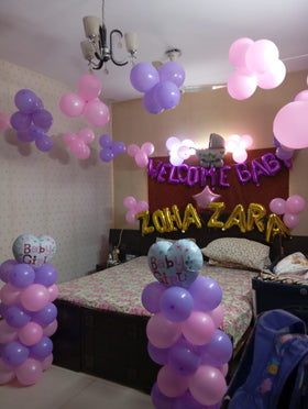 Welcome Baby Girl Room Decor – Pink & Lilac Balloon Pillars with Custom Name Letters
