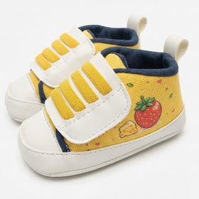 Yellow Strawberry Velcro Baby Shoes close-up view – soft sole baby shoes – Belinda Store