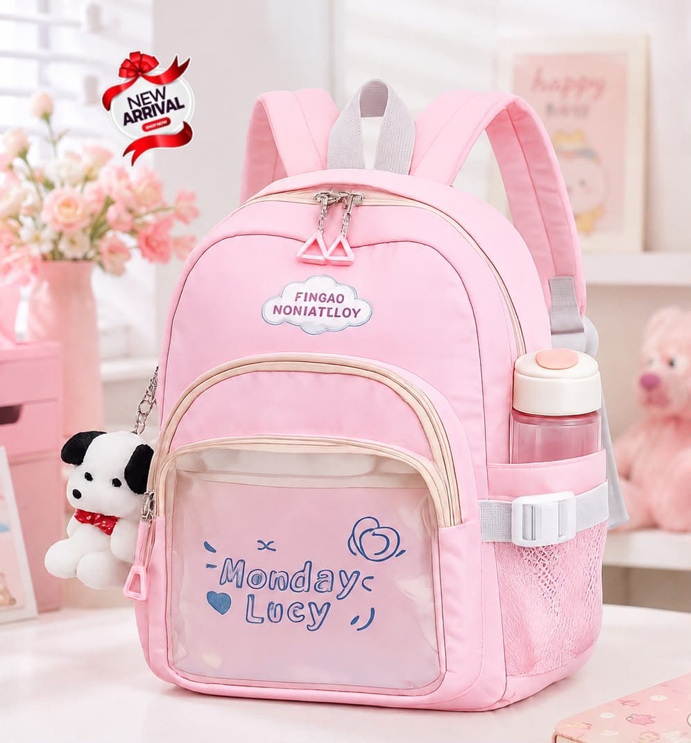 Monday Lucy kids backpack pink with bear design - Belinda Store