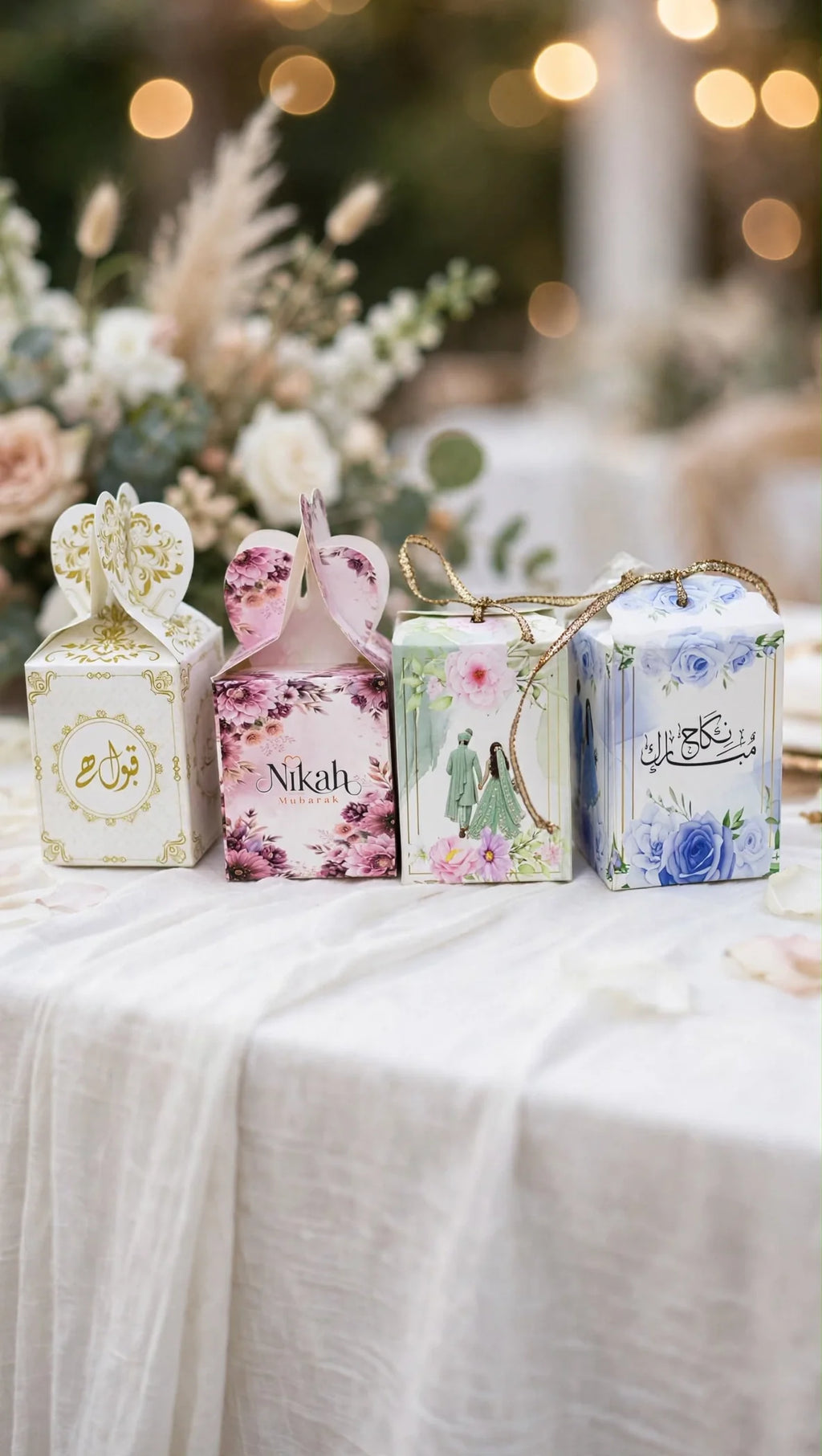 Blue rose Nikkah favor box with gold ribbon - Mubarak Nikkah print - view 3