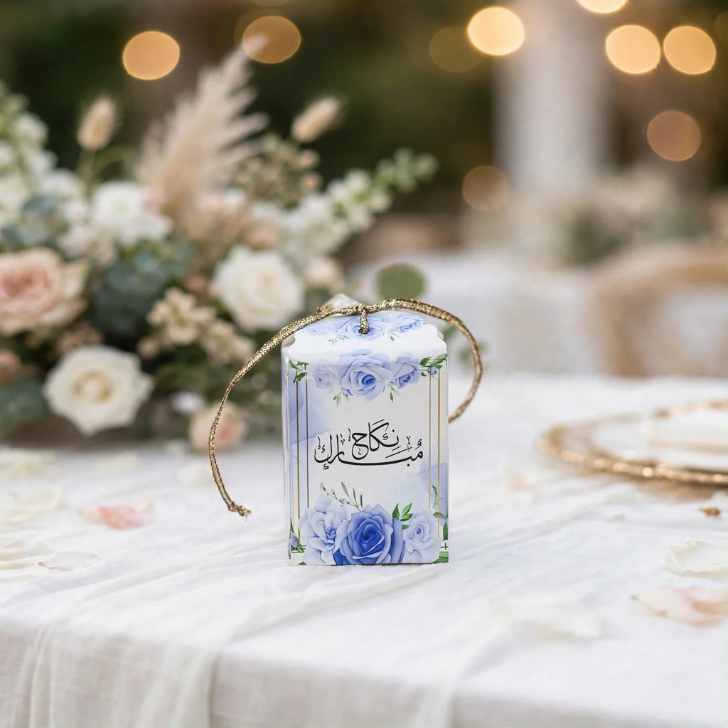Blue rose Nikkah favor box with gold ribbon - Mubarak Nikkah print - view 1