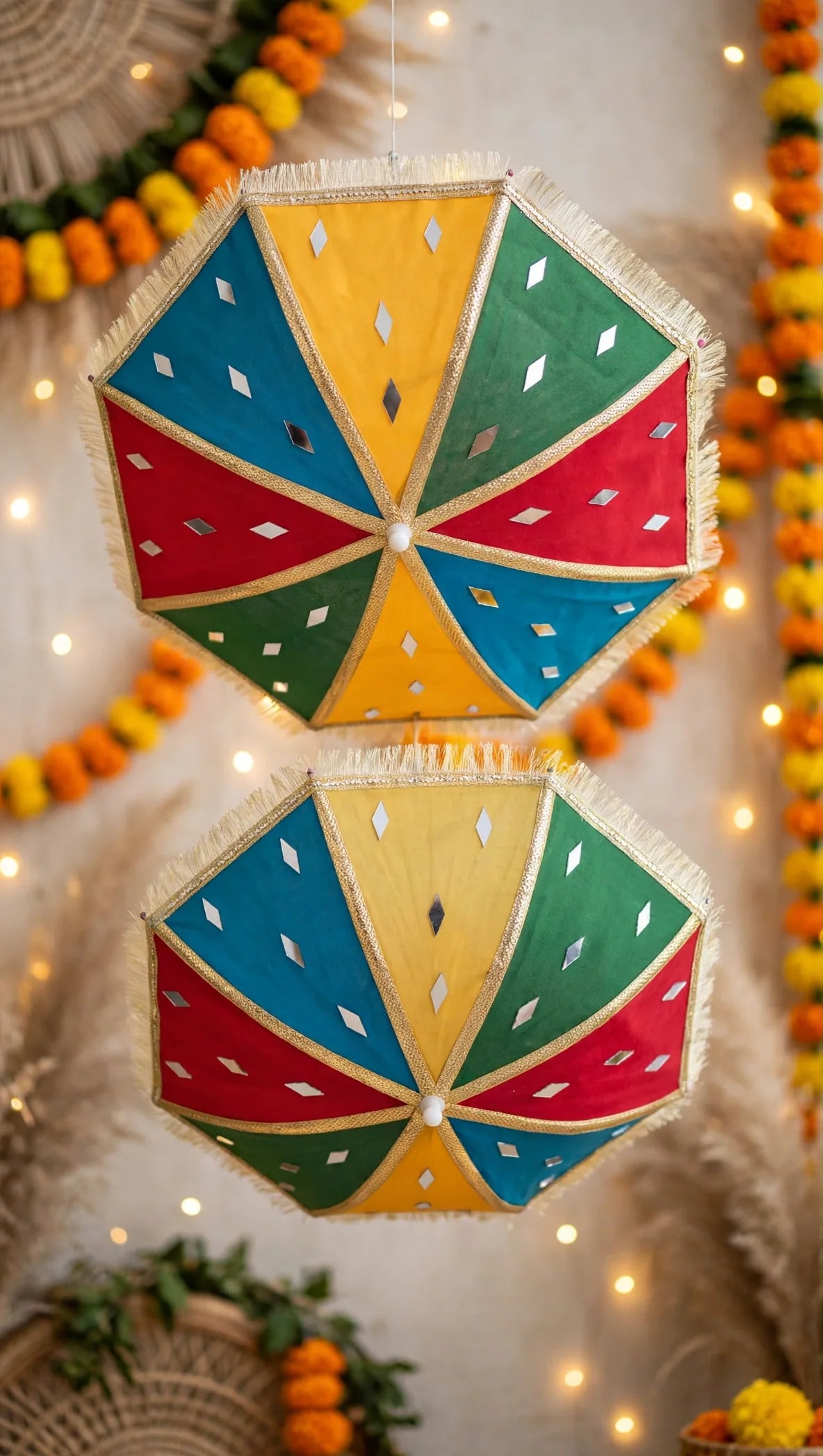 Colorful hanging decorative umbrellas for mehndi decor