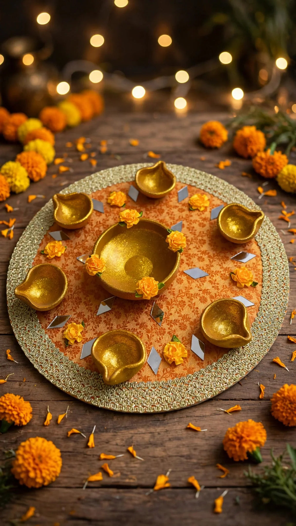 Golden diya decorated mehndi tray for shendi rasam