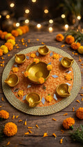 Golden diya decorated mehndi tray for shendi rasam