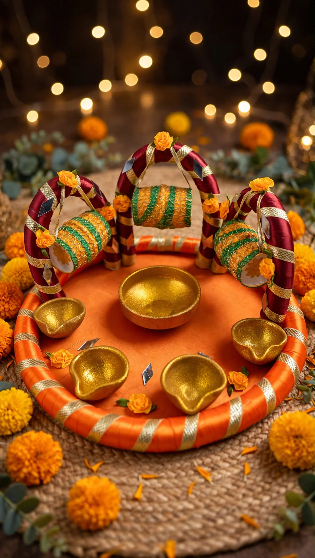 Orange dholki arch decorated mehndi tray