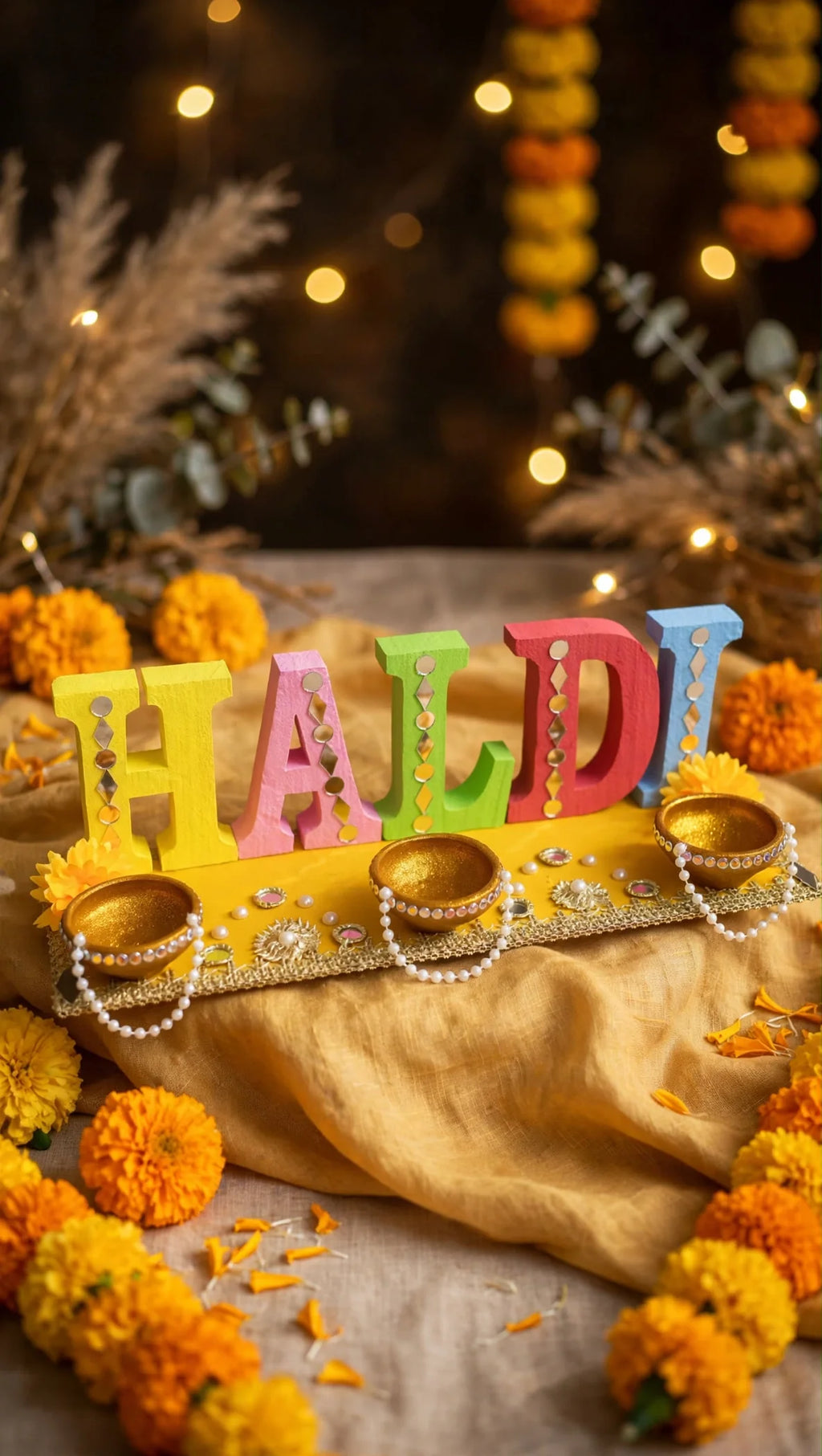 HALDI letters decorated haldi tray with golden diyas