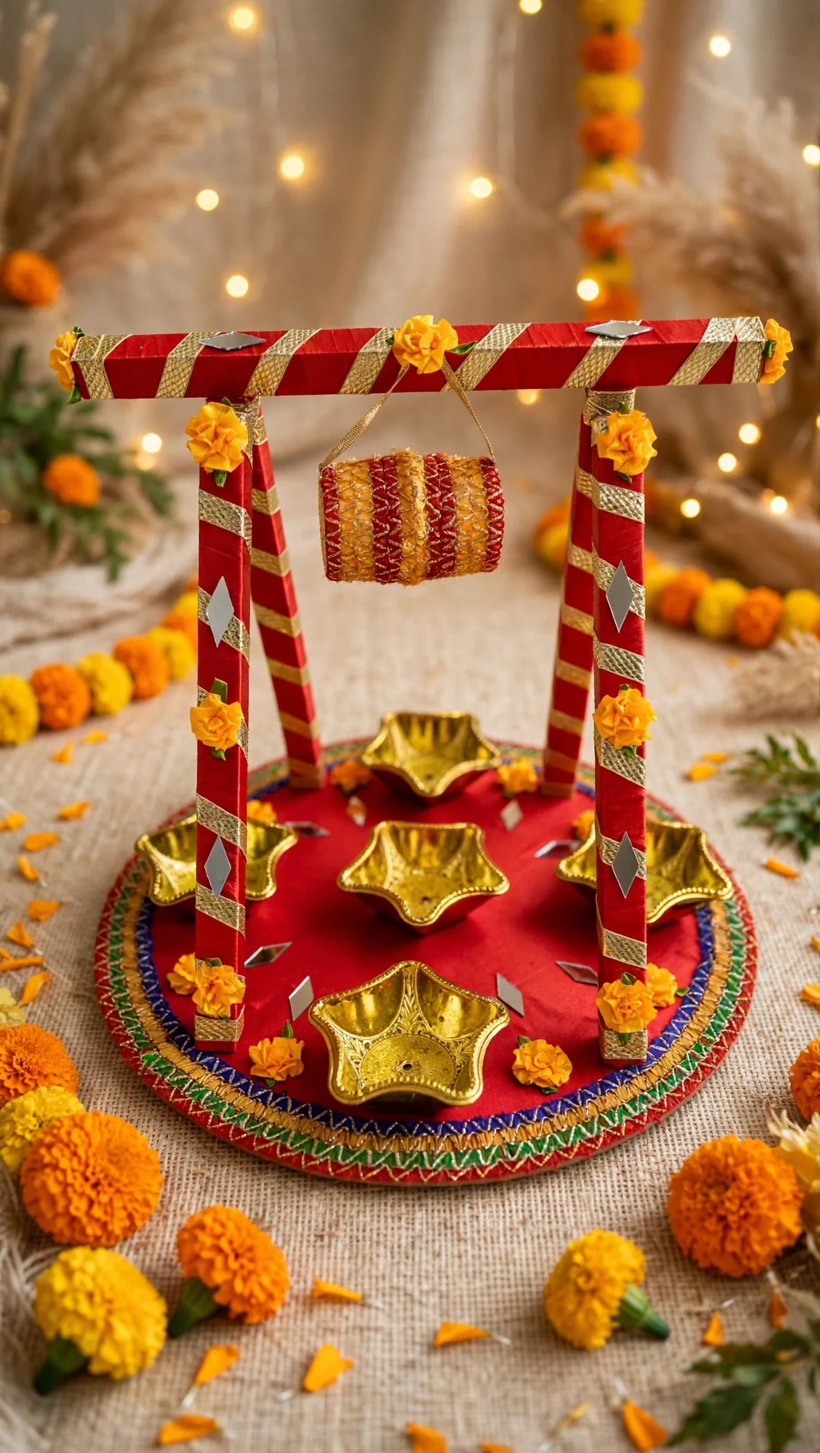 Red jhoola decorated mehndi tray with star diyas