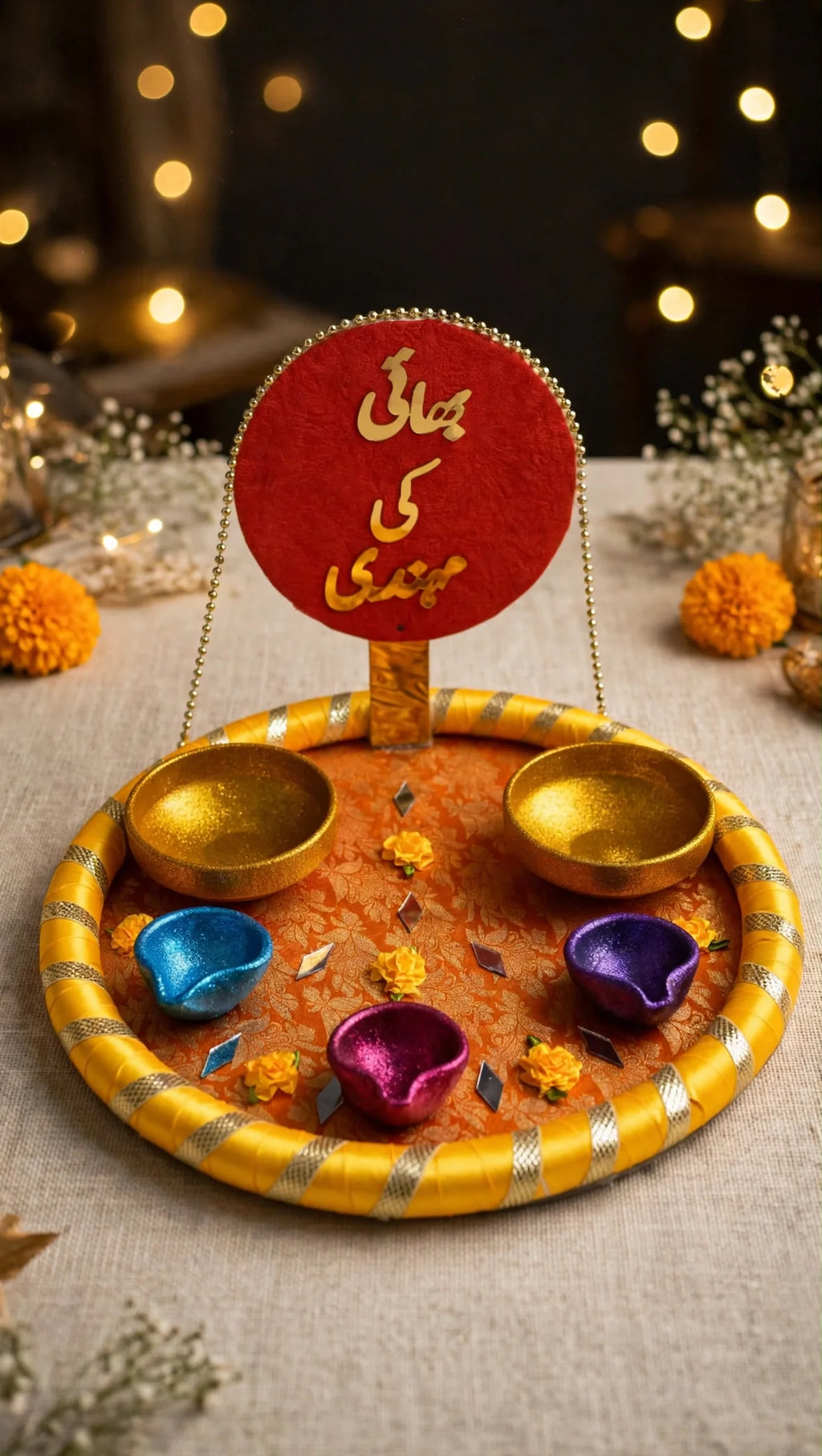 Bhai ki Mehndi decorated tray with sign board