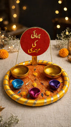 Bhai ki Mehndi decorated tray with sign board