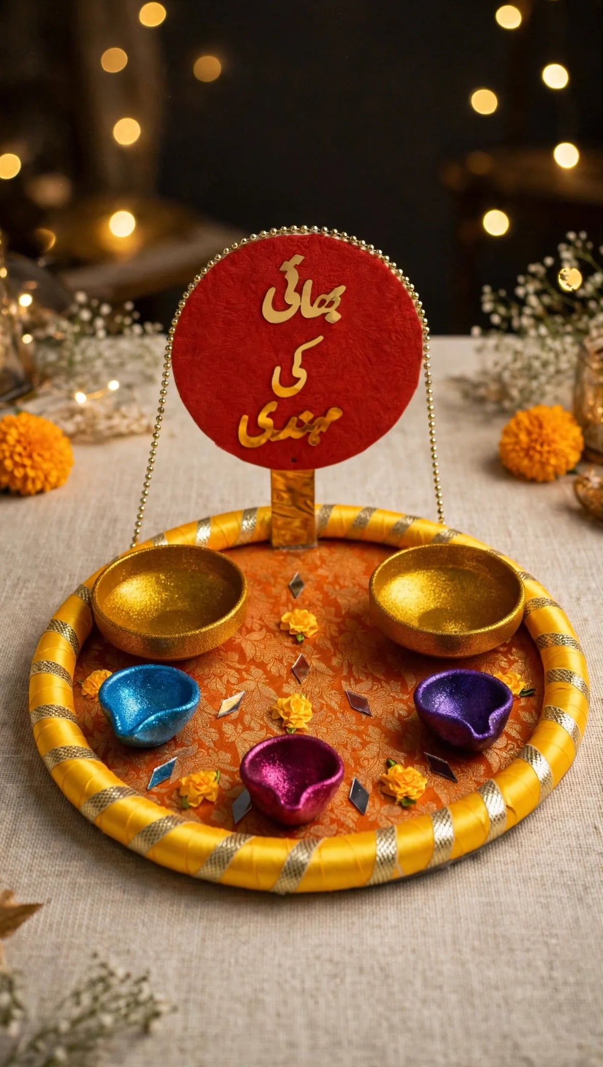Bhai ki Mehndi decorated tray with sign board