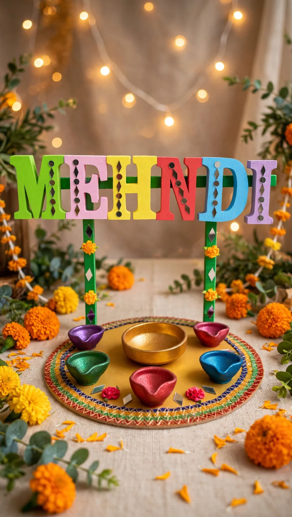 MEHNDI letters decorated tray with colorful diyas