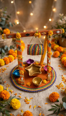 Orange jhoola decorated mehndi tray with hanging dholak