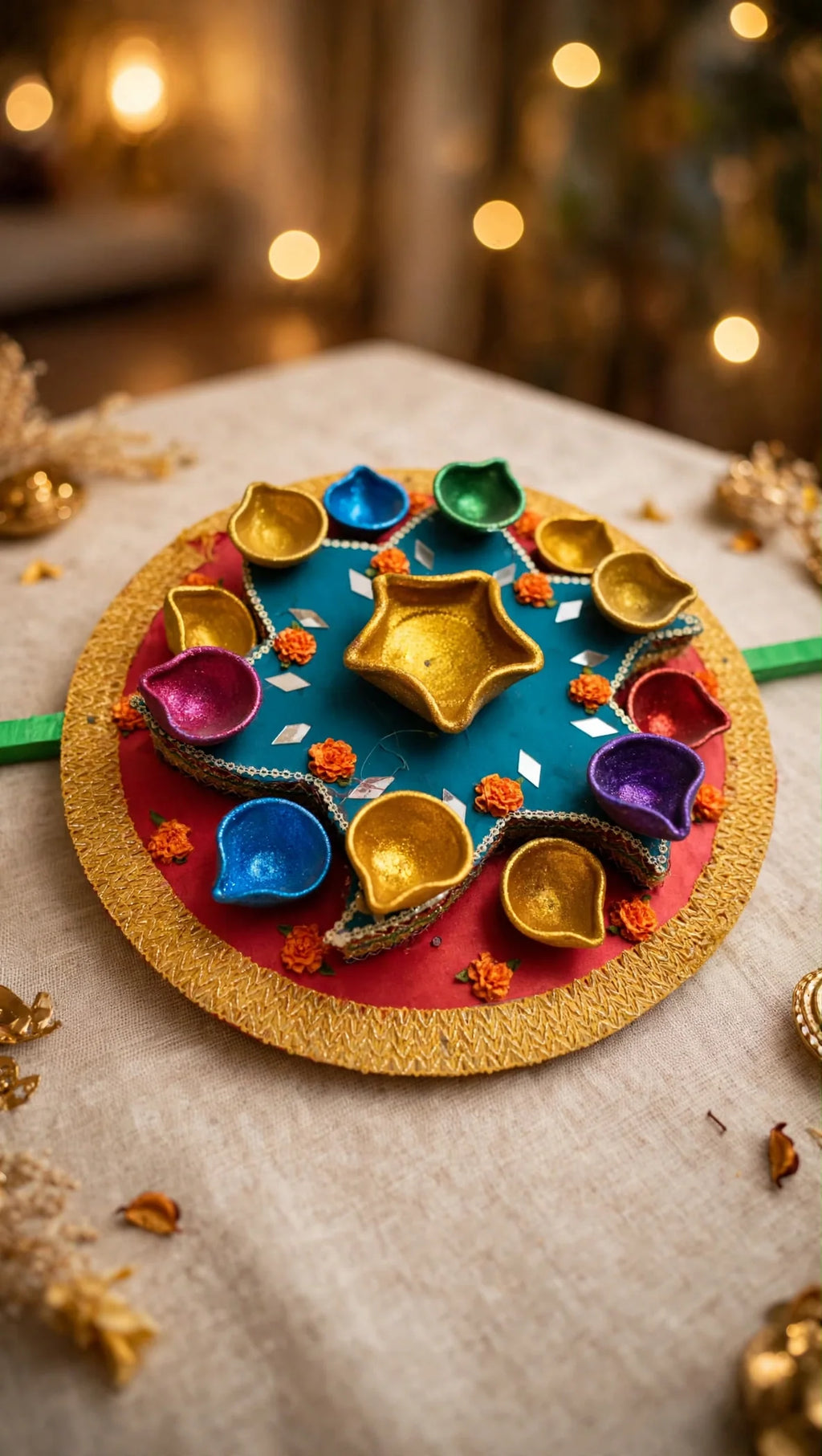 Star diya decorated mehndi tray with colorful diyas