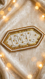 White Imam Zamin with Masha Allah in pearl beads and pearl gold border
