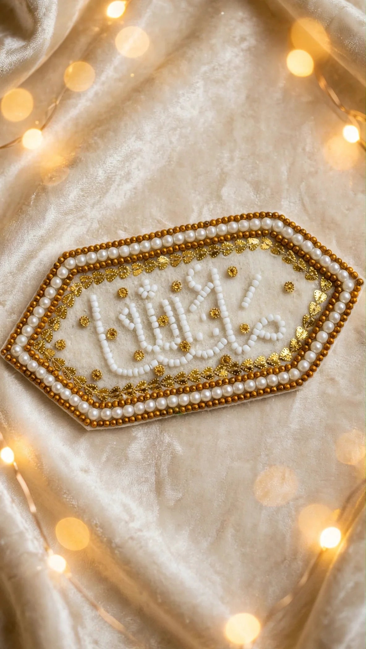 White Imam Zamin with Masha Allah in pearl beads and pearl gold border