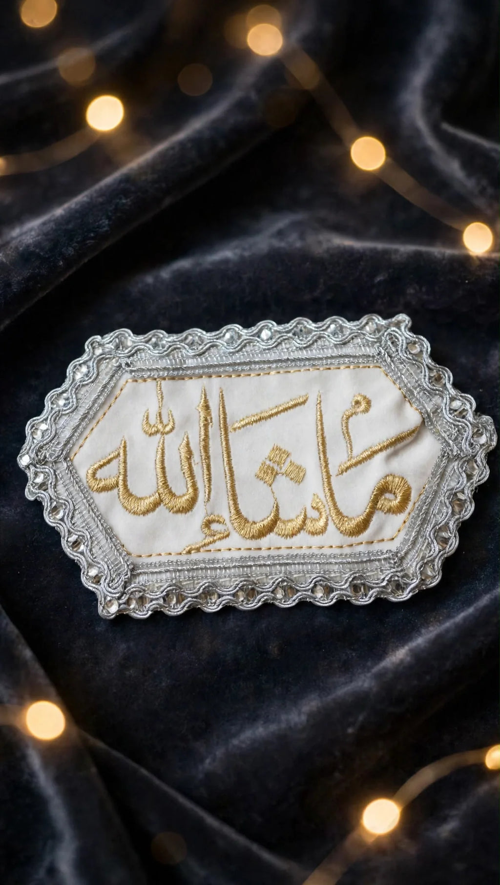 White Imam Zamin with Masha Allah gold embroidery and silver lace border