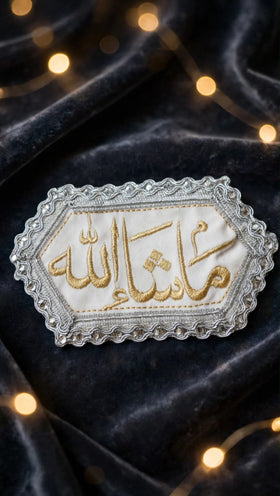 White Imam Zamin with Masha Allah gold embroidery and silver lace border
