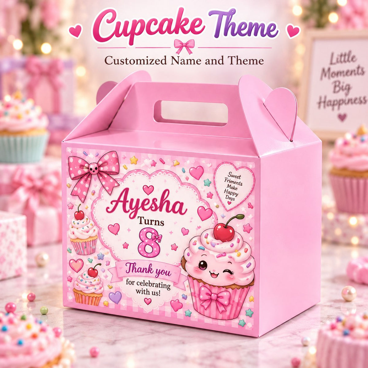 cupcake theme customized birthday goodie box with name and age personalization - Belinda Store Pakistan
