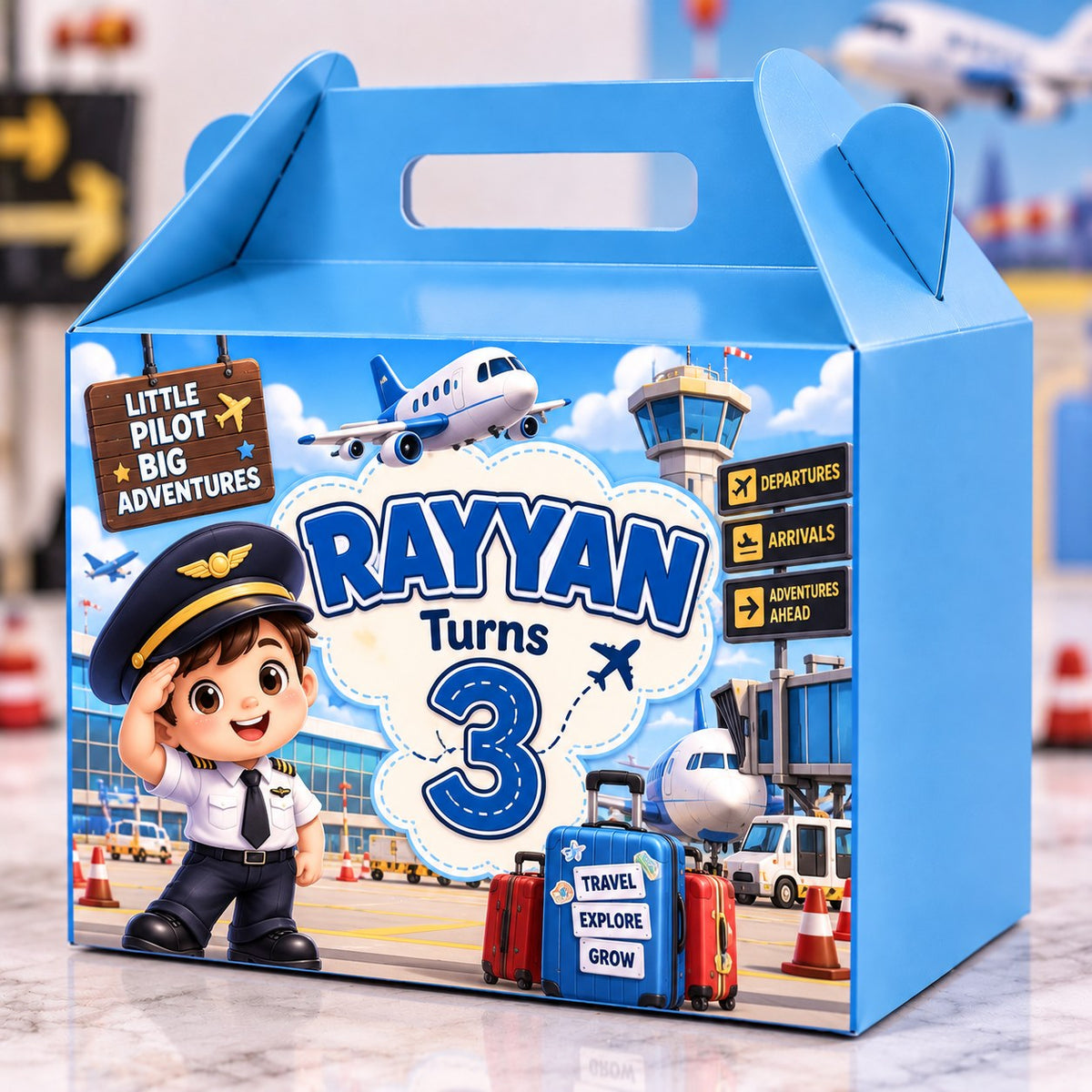 Airport theme customized birthday goodie box with name and age personalization - Belinda Store Pakistan