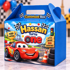 Racing Car theme customized birthday goodie box with name and age personalization - Belinda Store Pakistan