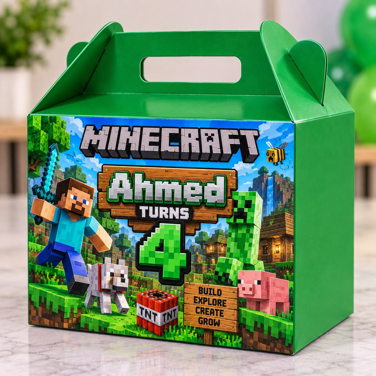 minecraft theme customized birthday goodie box with name and age personalization - Belinda Store Pakistan