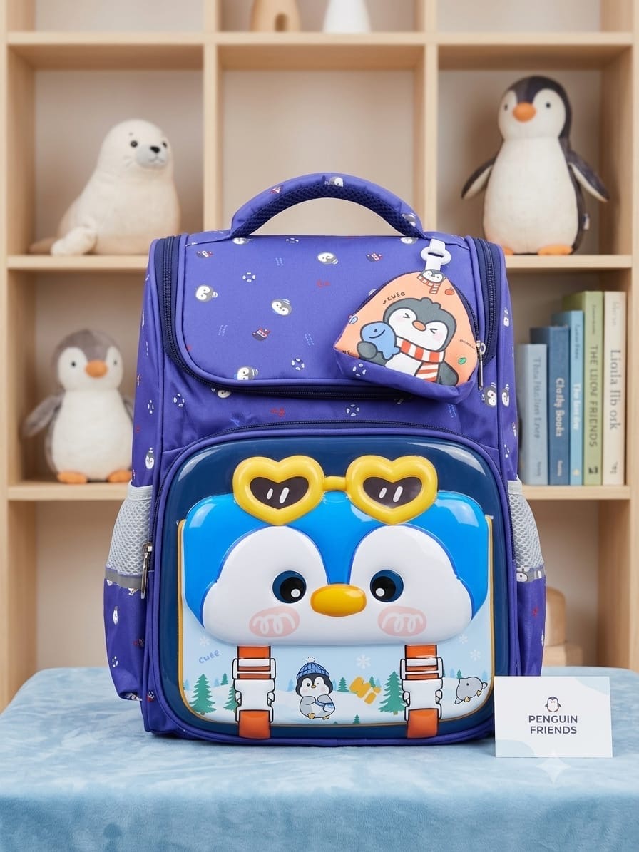 Purple penguin kids school backpack