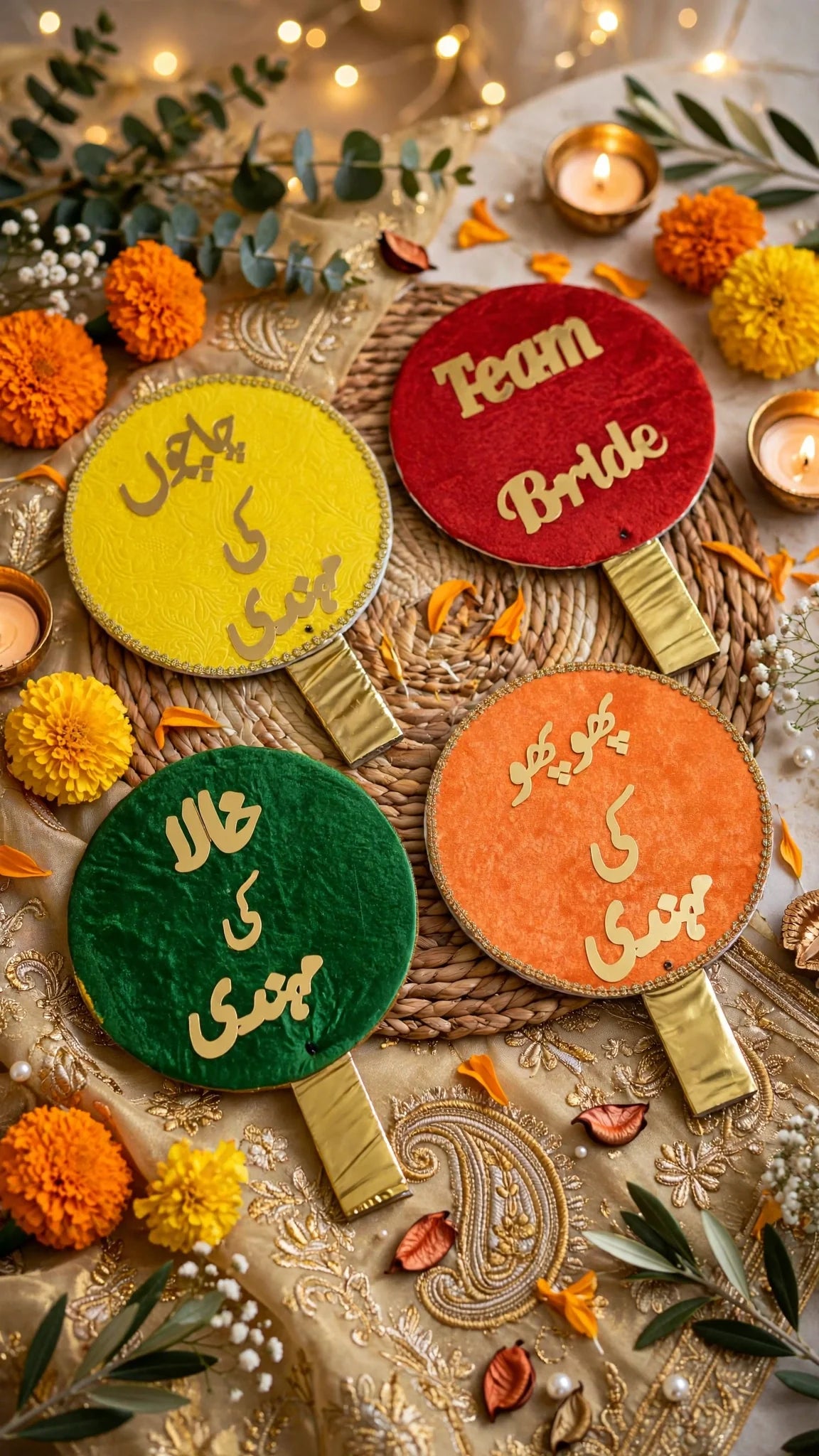 Set of four colorful mehndi hand props - Chachu Ki Mehndi, Team Bride, Khalu Ki Mehndi and Phuppo Ki Mehndi