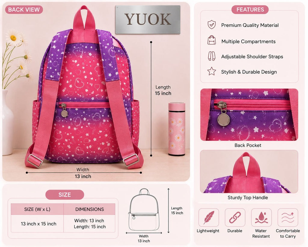 YUOK Star Print School Backpack - Pink Polka