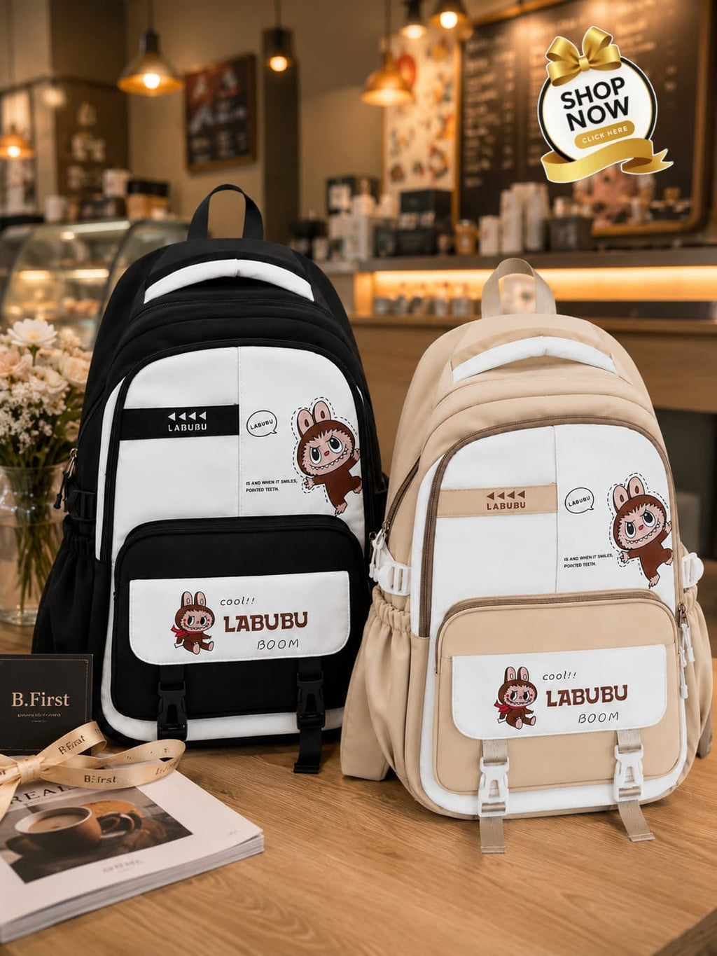 Labubu kids backpack black and beige colors - Belinda Store