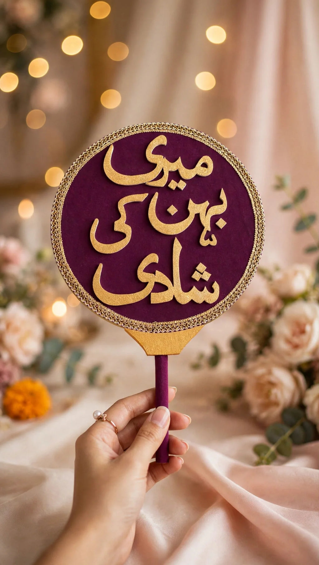 Premium purple velvet hand prop with Meri Behen Ki Shaadi in gold glitter letters