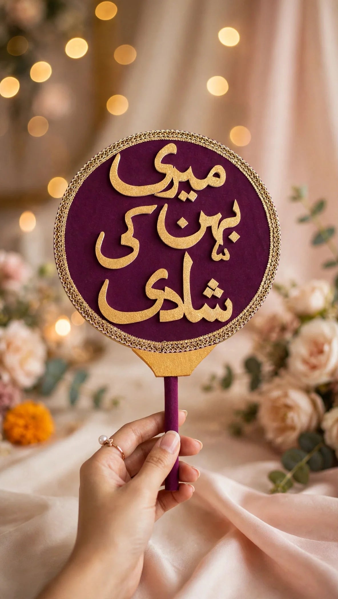 Premium purple velvet hand prop with Meri Behen Ki Shaadi in gold glitter letters
