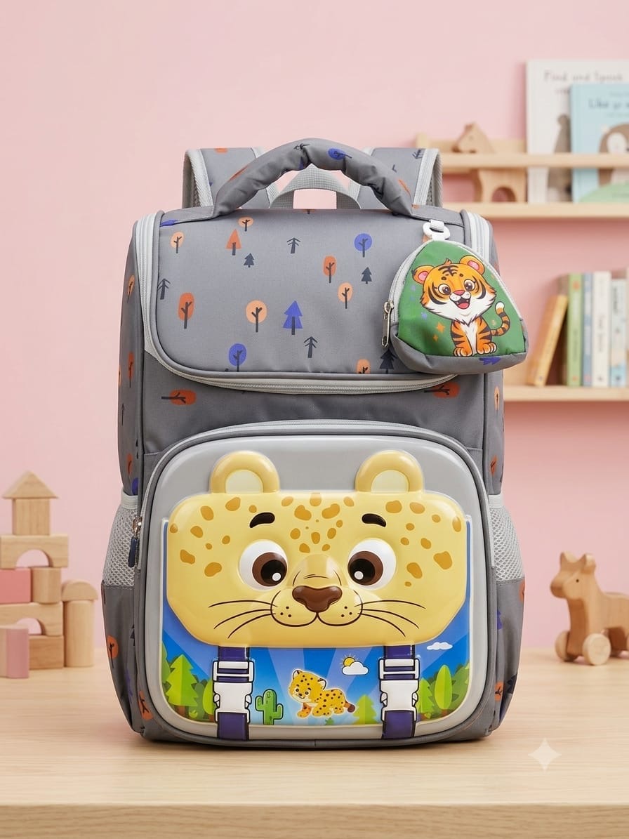 Leopard Print School Backpack for Kids - Grey - Grey color, view 1