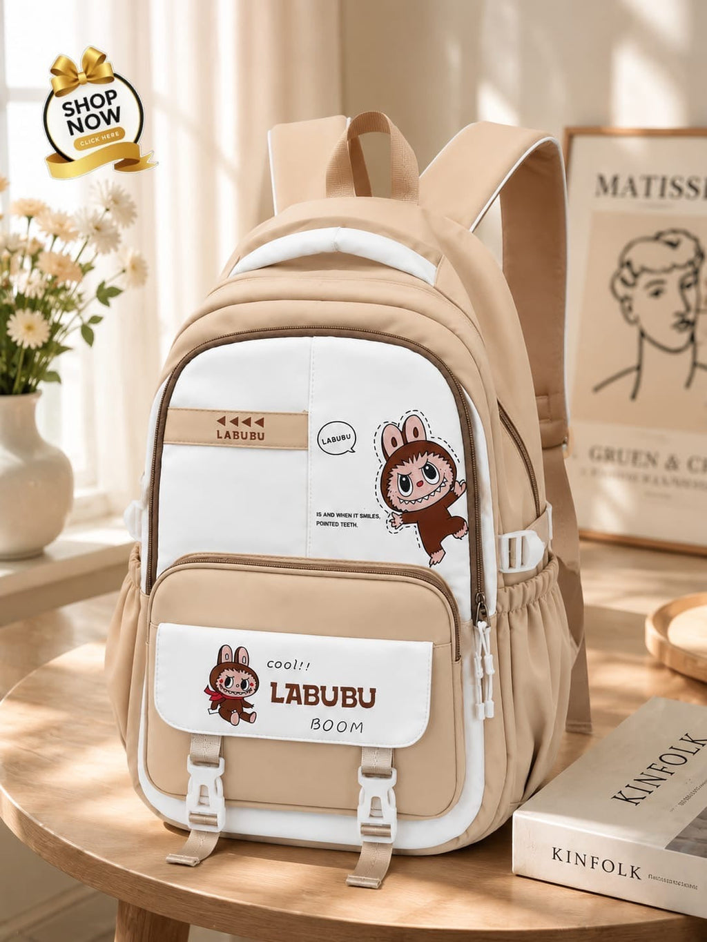 Labubu kids backpack beige front view - Belinda Store