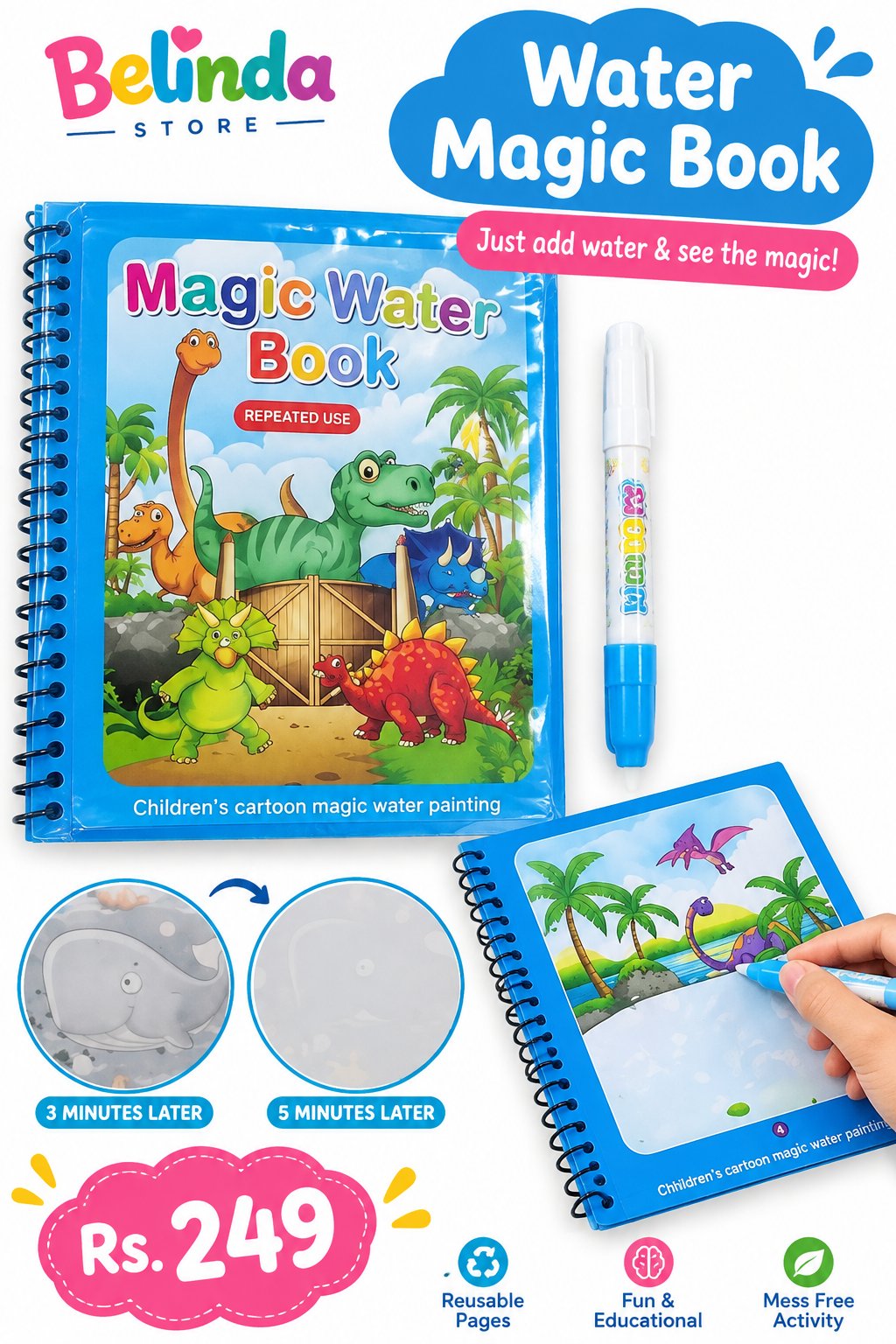 Water Magic Book - Dinosaur Theme Reusable Painting Book for Kids