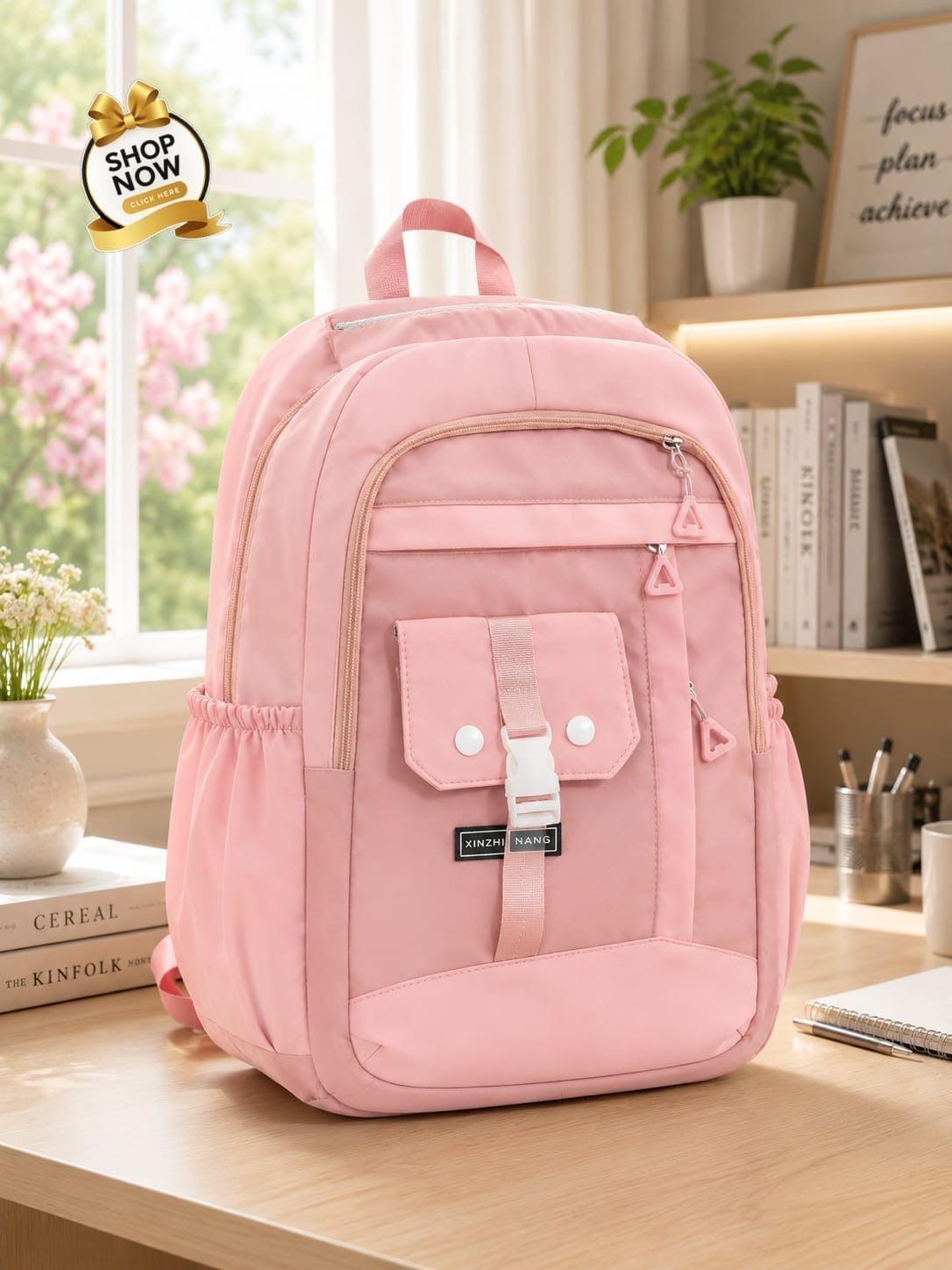 Plain pink kids school backpack for girls